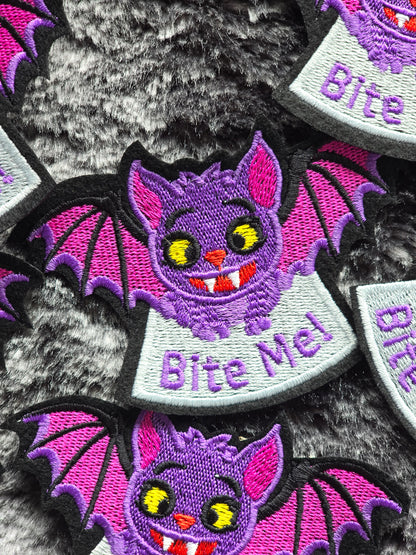 Bite Me Vampire Bat Iron on Patch, Halloween Smiley Bat Badge, Gothic Embroidered Patch, Spooky Gift, Creepy Applique