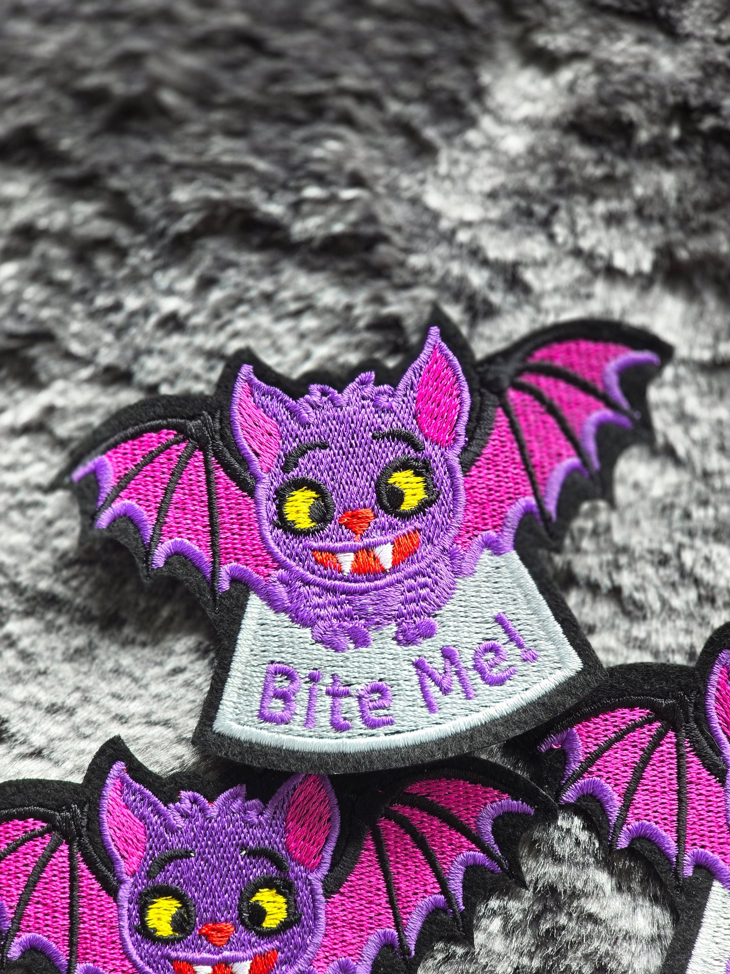 Bite Me Vampire Bat Iron on Patch, Halloween Smiley Bat Badge, Gothic Embroidered Patch, Spooky Gift, Creepy Applique