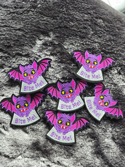 Bite Me Vampire Bat Iron on Patch, Halloween Smiley Bat Badge, Gothic Embroidered Patch, Spooky Gift, Creepy Applique