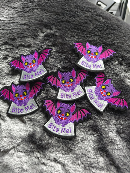 Bite Me Vampire Bat Iron on Patch, Halloween Smiley Bat Badge, Gothic Embroidered Patch, Spooky Gift, Creepy Applique