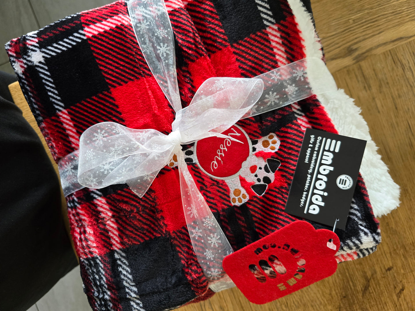 Custom Luxury Dog Blanket - Red Tartan - Puppy Dog with Embroidered Name on Tummy