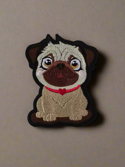 Cute Pug, Iron on Embroidered Patch with Red Heart Collar - Pug Lovers - Dog Lovers Embellishment - Repair Patch - Permanent Iron on Patch - 11cm x 9cm