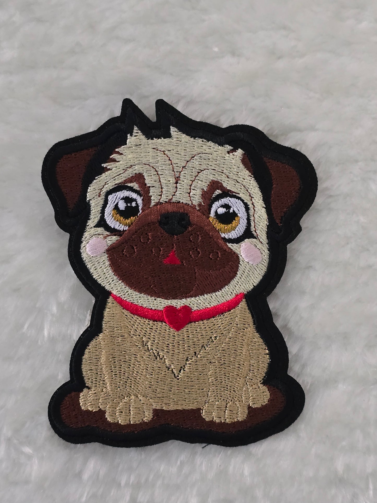 Cute Pug, Iron on Embroidered Patch with Red Heart Collar - Pug Lovers - Dog Lovers Embellishment - Repair Patch - Permanent Iron on Patch - 11cm x 9cm