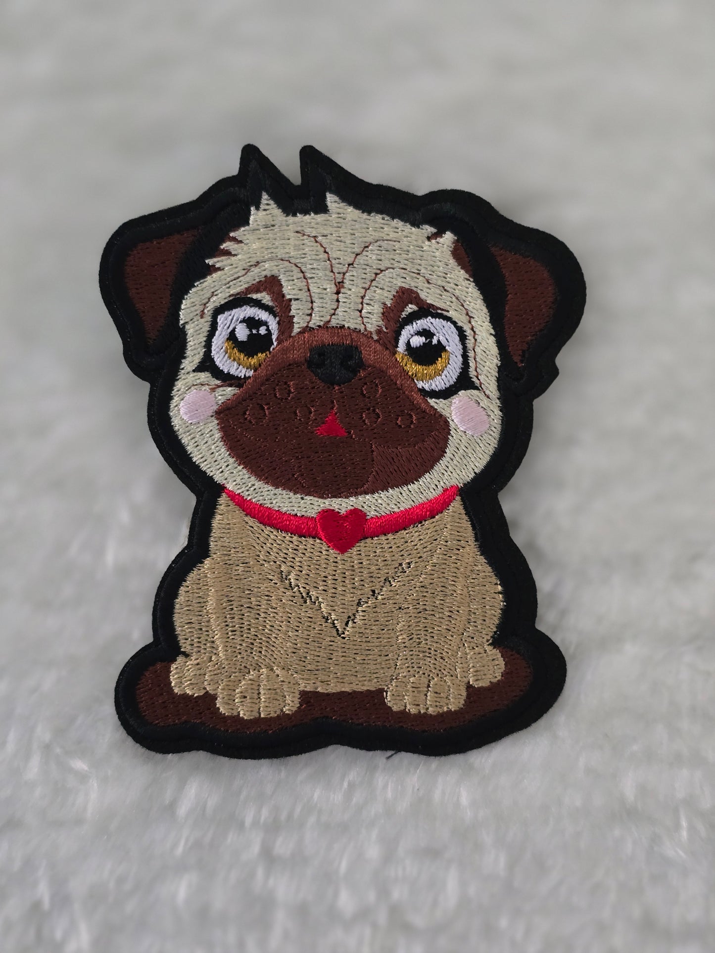 Cute Pug, Iron on Embroidered Patch with Red Heart Collar - Pug Lovers - Dog Lovers Embellishment - Repair Patch - Permanent Iron on Patch - 11cm x 9cm