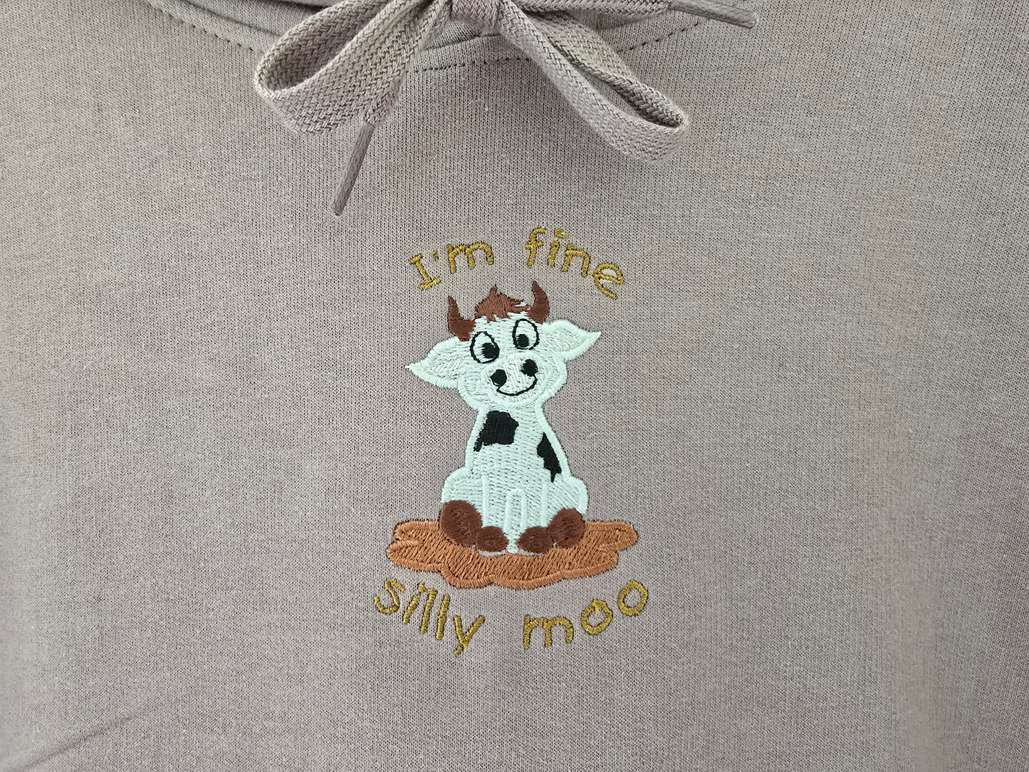 GILDAN Hoodie, Embroidered Hoodie, Unisex Gift, Embroidered Hoodie – Cow Sitting in Muddy Puddle with wording 'I'm Fine, Silly Moo'