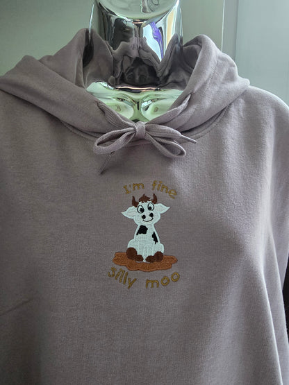 GILDAN Hoodie, Embroidered Hoodie, Unisex Gift, Embroidered Hoodie – Cow Sitting in Muddy Puddle with wording 'I'm Fine, Silly Moo'