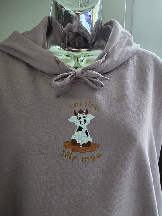 GILDAN Hoodie, Embroidered Hoodie, Unisex Gift, Embroidered Hoodie – Cow Sitting in Muddy Puddle with wording 'I'm Fine, Silly Moo'